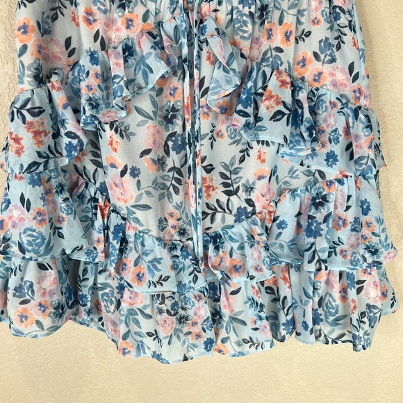 Lovers + Friends Mini Skirt Medium Women Floral Print Ruffle Blue Pink Tiered - Picture 7 of 13